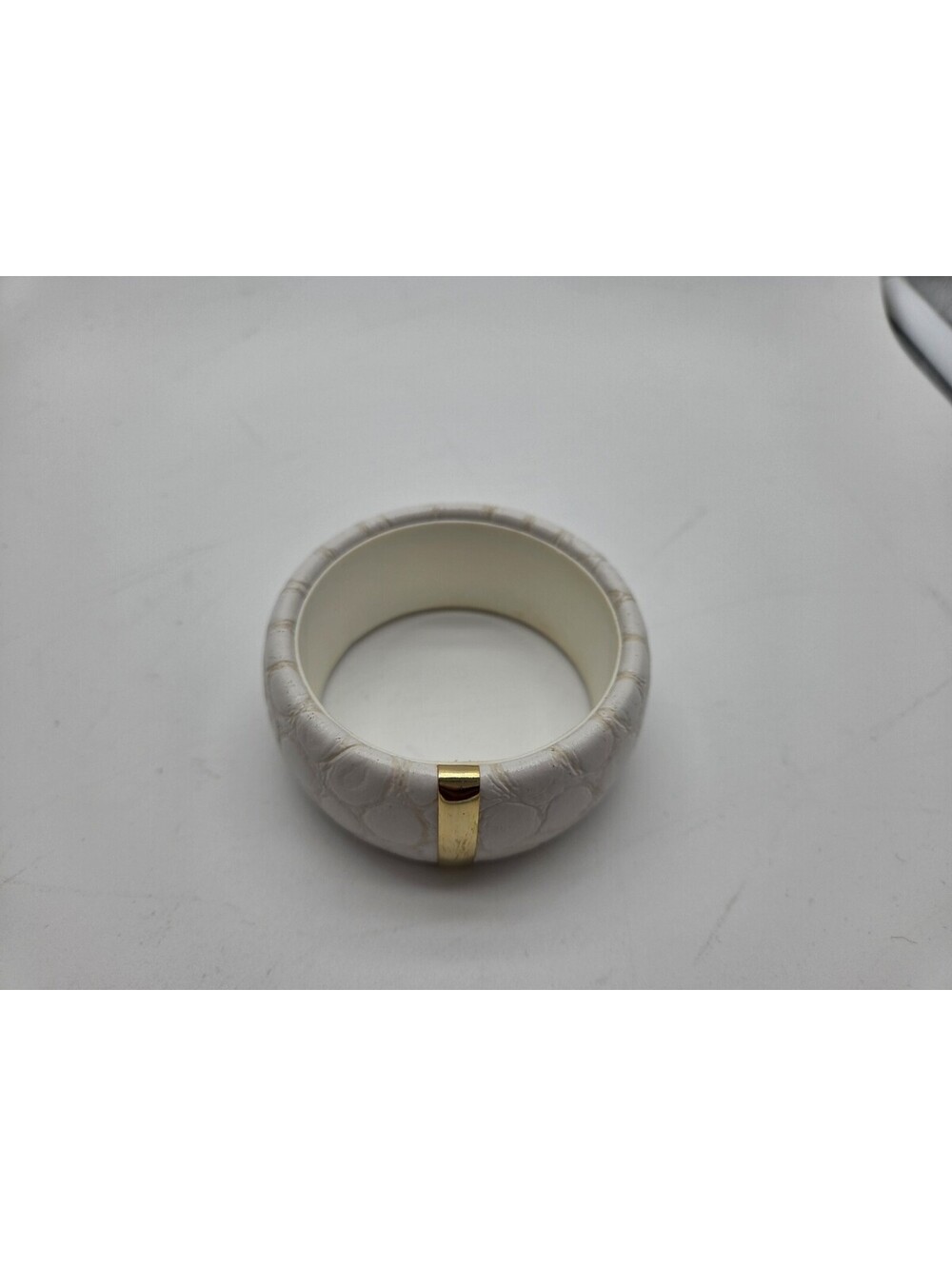 White Embossed Faux Leather Wide Bangle Bracelet Gold Tone Accent Cuff